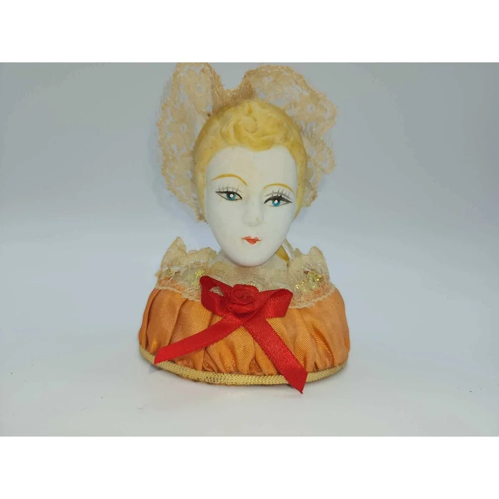 Vintage Porcelain Half Doll Pin Cushion Lace Headdress Orange Satin Base Antique - Picture 5 of 11